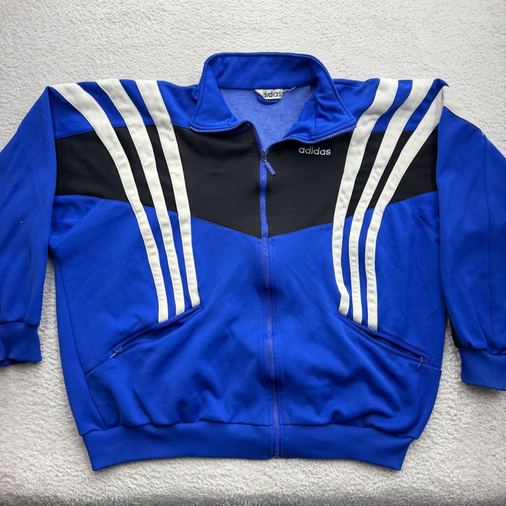 Vintage Adidas Men Blue Black Colorblock 3-Stripe Full Zip Track Jacket 90s L